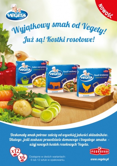 Tajemnica smaku Vegety zamknięta w kostkach BIZNES, Handel - Vegeta od lat króluje na polskich stołach dbając o wyrazisty smak i aromat potraw. Dzięki rozszerzeniu oferty, tajemnica wyjątkowości Vegety przeniesiona została do kostek rosołowych w trzech nowych smakach – rosół drobiowy, rosół wołowy oraz bulion warzywny.