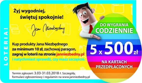 Żyj wygodniej, świętuj spokojnie BIZNES, Handel - W tym roku nie trzeba czekać do Wielkanocy, by cieszyć się świątecznymi upominkami. W trwającej w marcu loterii “Żyj wygodniej, świętuj spokojnie” Jan Niezbędny rozda aż 145 nagród o łącznej wartości 72 500 zł.